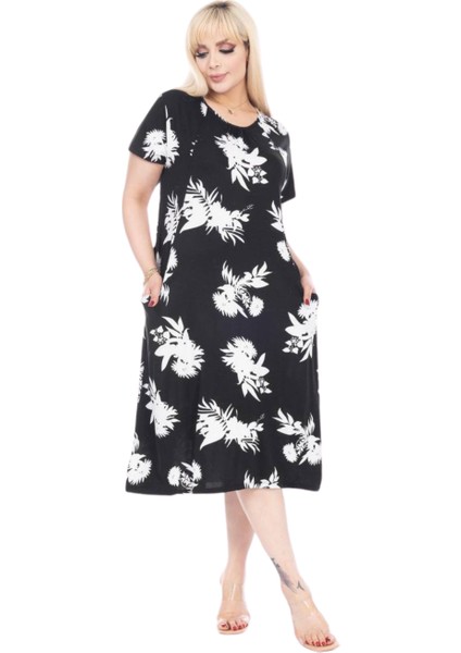 Butik Siyah Beyaz Yaprak Desen Kuplu Cepli Kısa Kol Kadın Midi Elbise modelleri