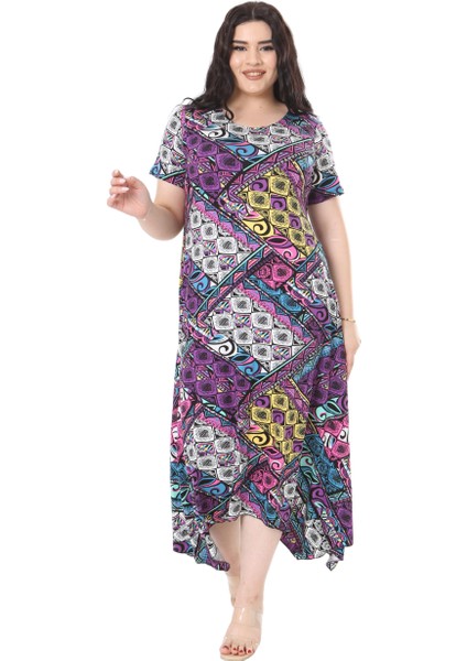 Butik Mor Patchwork Desen Asimetrik Kısa Kollu Elbise modelleri