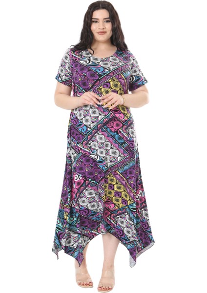 Butik Mor Patchwork Desen Asimetrik Kısa Kollu Elbise fırsatları