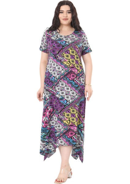 Butik Mor Patchwork Desen Asimetrik Kısa Kollu Elbise indirimleri