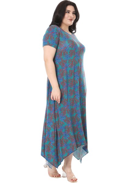 Butik Mavi Kırmızı Mercan Desen Asimetrik Kısa Kollu Elbise modelleri