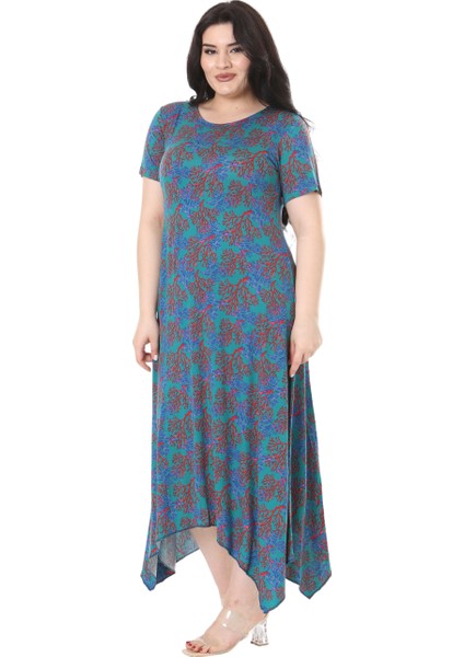 Butik Mavi Kırmızı Mercan Desen Asimetrik Kısa Kollu Elbise fırsatları