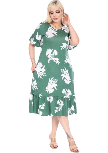 Butik Fırfırlı Kısa Kollu Yeşil Beyaz Yaprak Desenli Cepli Elbise