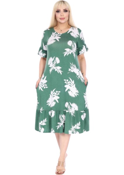 Butik Fırfırlı Kısa Kollu Yeşil Beyaz Yaprak Desenli Cepli Elbise fiyatları