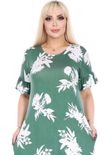 Butik Fırfırlı Kısa Kollu Yeşil Beyaz Yaprak Desenli Cepli Elbise modelleri