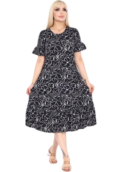 Butik Fırfırlı Kısa Kollu Siyah Çiçek Desenli Cepli Elbise fiyatları