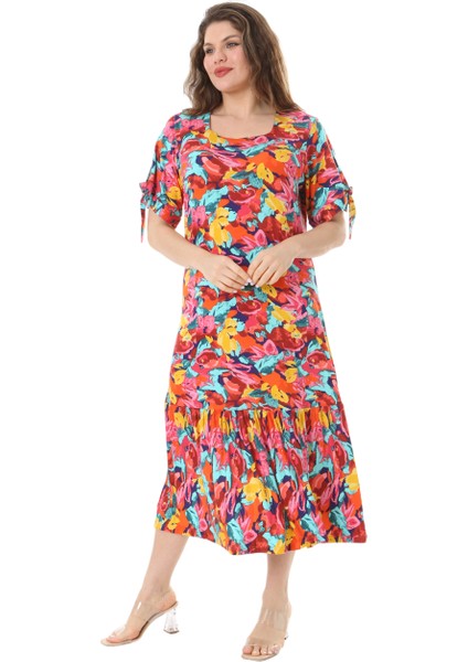 Butik Sarı Gül Desen Kolları Bağlamalı Kısa Kollu Kadın Midi Elbise modelleri