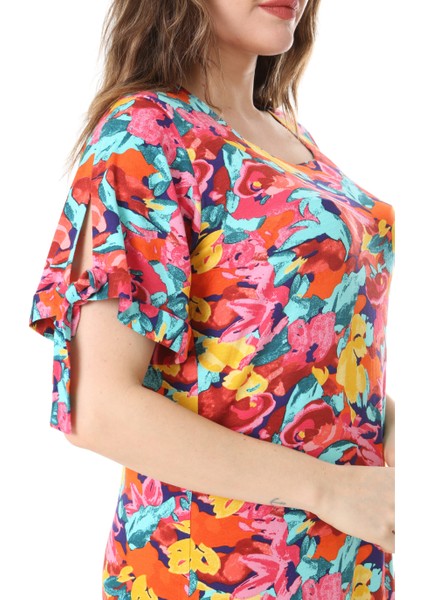 Butik Sarı Gül Desen Kolları Bağlamalı Kısa Kollu Kadın Midi Elbise indirimleri
