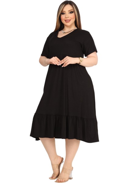 Butik Göğüsten Robalı V Yaka Kısa Kollu Siyah Cepli Elbise