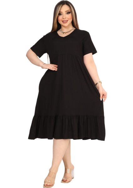 Butik Göğüsten Robalı V Yaka Kısa Kollu Siyah Cepli Elbise modelleri