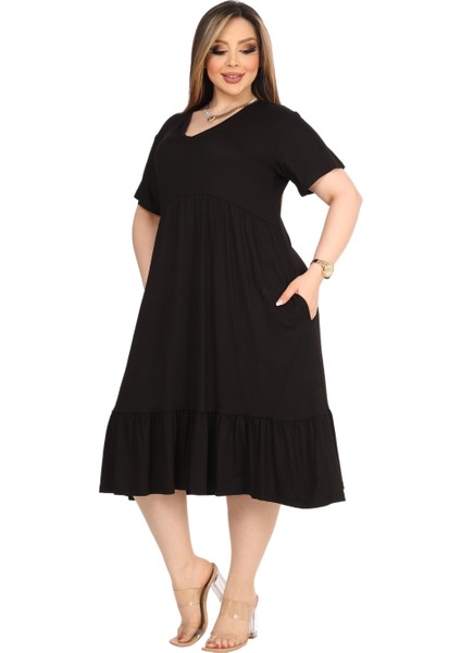 Butik Göğüsten Robalı V Yaka Kısa Kollu Siyah Cepli Elbise indirimleri