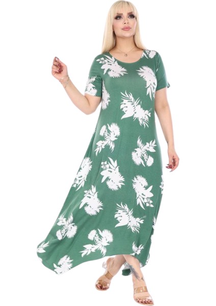 Butik Yeşil Beyaz Yaprak Desen Asimetrik Kısa Kollu Elbise modelleri