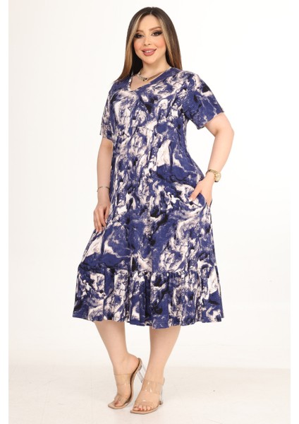 Butik Göğüsten Robalı V Yaka Kısa Kollu Mavi Batik Desenli Cepli Elbise