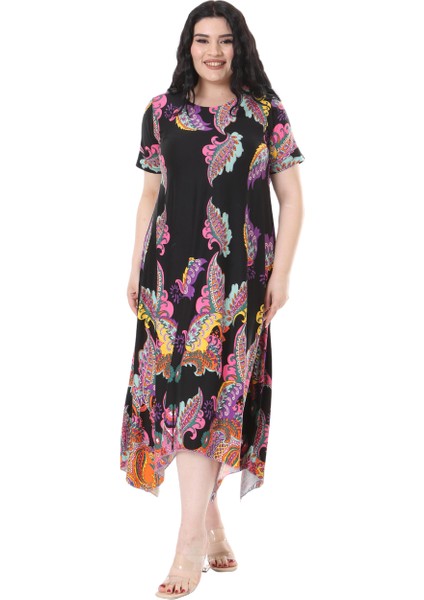 Butik Siyah Renkli Şal Desen Asimetrik Kısa Kollu Elbise