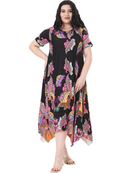 Butik Siyah Renkli Şal Desen Asimetrik Kısa Kollu Elbise fiyatları