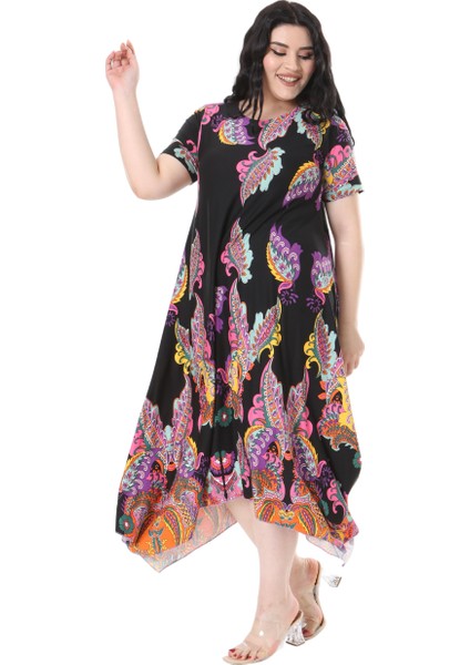 Butik Siyah Renkli Şal Desen Asimetrik Kısa Kollu Elbise modelleri