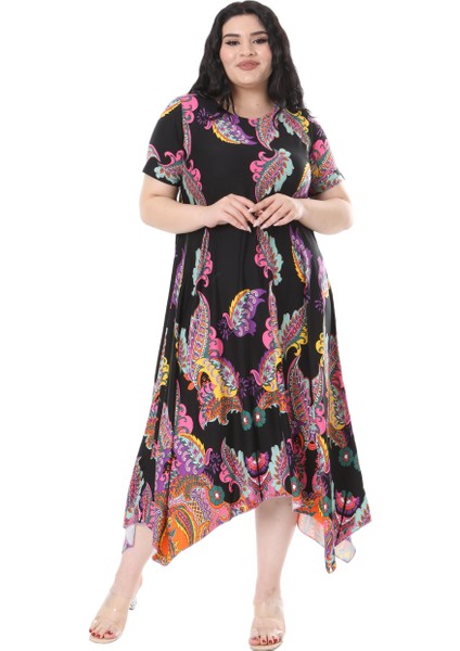 Butik Siyah Renkli Şal Desen Asimetrik Kısa Kollu Elbise fırsatları
