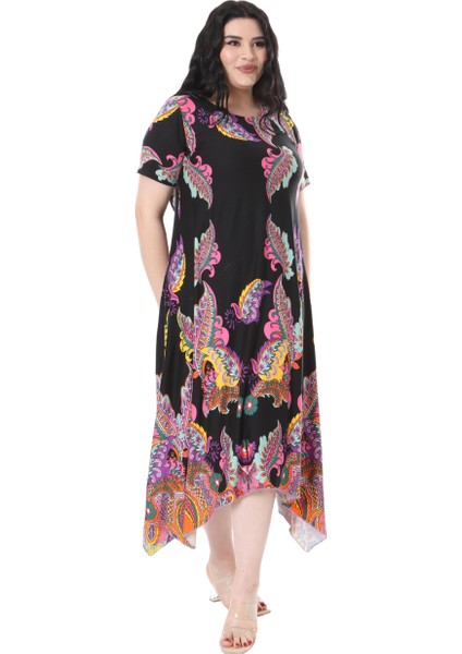 Butik Siyah Renkli Şal Desen Asimetrik Kısa Kollu Elbise indirimleri