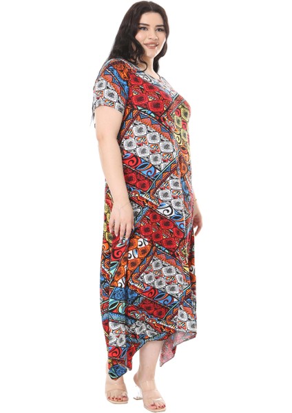 Butik Mavi Patchwork Desen Asimetrik Kısa Kollu Elbise modelleri