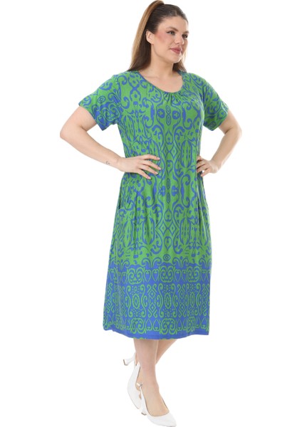 Butik Yeşil Mavi Kilim Desen Kuplu Cepli Kısa Kol Kadın Midi Elbise