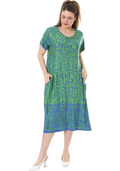 Butik Yeşil Mavi Kilim Desen Kuplu Cepli Kısa Kol Kadın Midi Elbise fırsatları