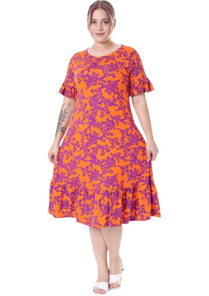 Butik Kısa Kollu Fırfırlı Cepli Turuncu Mor Mercan Desenli Midi Elbise fiyatları