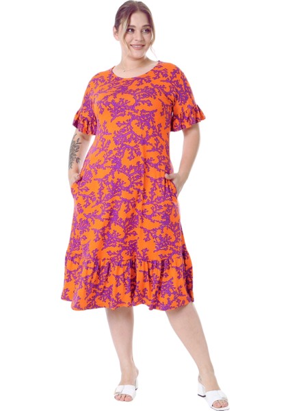 Butik Kısa Kollu Fırfırlı Cepli Turuncu Mor Mercan Desenli Midi Elbise modelleri