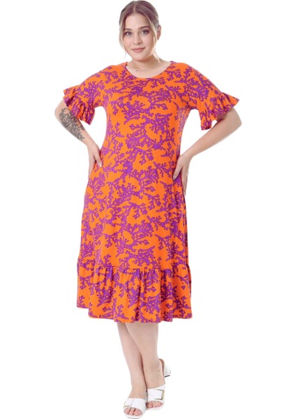 Butik Kısa Kollu Fırfırlı Cepli Turuncu Mor Mercan Desenli Midi Elbise fırsatları