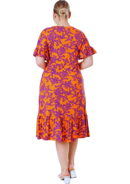 Butik Kısa Kollu Fırfırlı Cepli Turuncu Mor Mercan Desenli Midi Elbise indirimleri