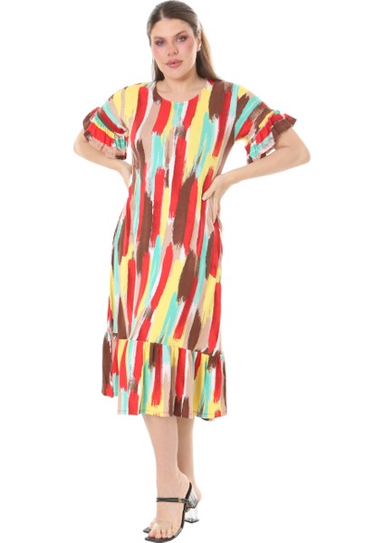 Butik Fırfırlı Cepli Sarı Yağlıboya Desenli Kısa Kollu Midi Elbise fiyatları