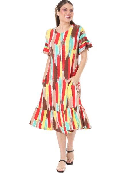 Butik Fırfırlı Cepli Sarı Yağlıboya Desenli Kısa Kollu Midi Elbise fırsatları