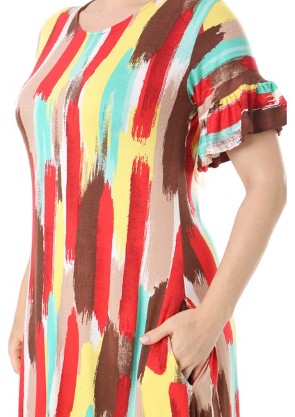 Butik Fırfırlı Cepli Sarı Yağlıboya Desenli Kısa Kollu Midi Elbise indirimleri