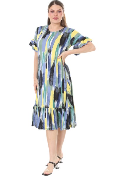 Butik Fırfırlı Cepli Mavi Yağlıboya Desenli Kısa Kollu Midi Elbise