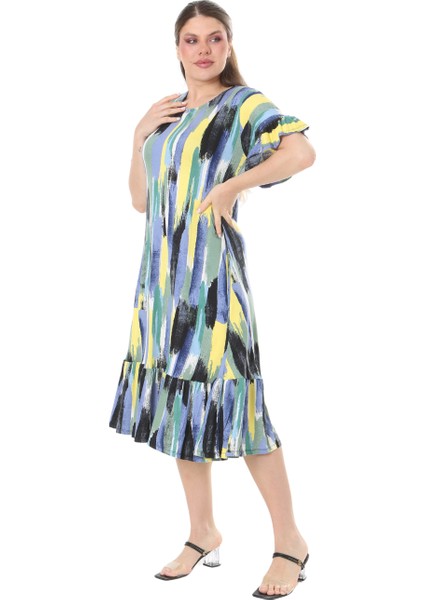 Butik Fırfırlı Cepli Mavi Yağlıboya Desenli Kısa Kollu Midi Elbise modelleri