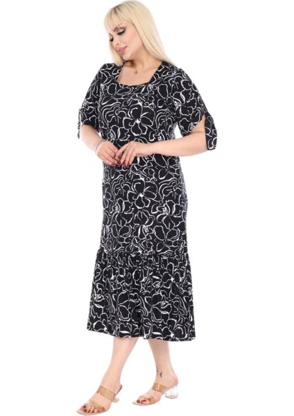 Butik Siyah Çiçek Desen Kolları Bağlamalı Kısa Kollu Kadın Midi Elbise fiyatları