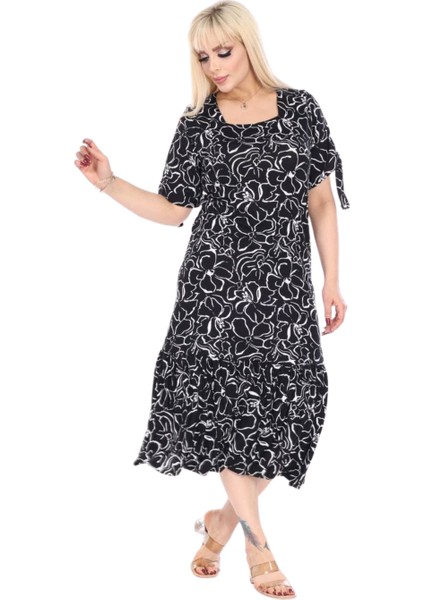 Butik Siyah Çiçek Desen Kolları Bağlamalı Kısa Kollu Kadın Midi Elbise modelleri