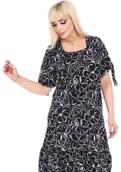 Butik Siyah Çiçek Desen Kolları Bağlamalı Kısa Kollu Kadın Midi Elbise fırsatları