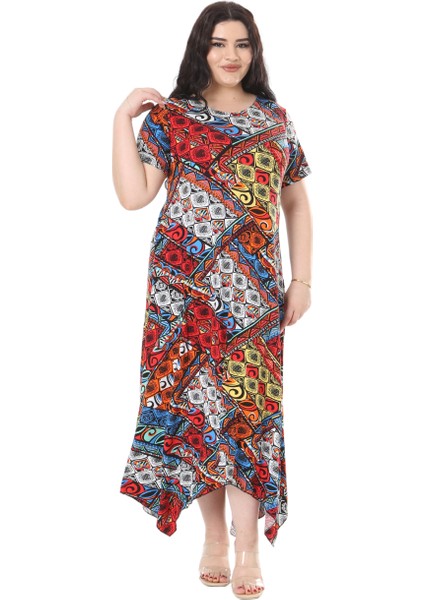 Butik Mavi Patchwork Desen Asimetrik Kısa Kollu Elbise indirimleri