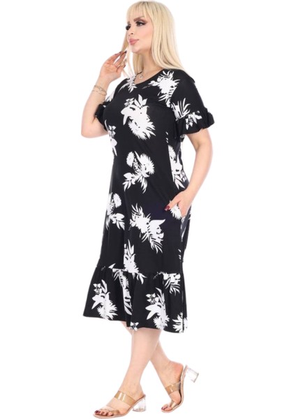 Butik Fırfırlı Kısa Kollu Siyah Beyaz Yaprak Desenli Cepli Elbise fiyatları
