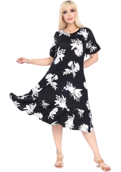 Butik Fırfırlı Kısa Kollu Siyah Beyaz Yaprak Desenli Cepli Elbise modelleri