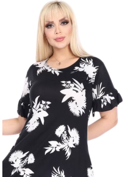Butik Fırfırlı Kısa Kollu Siyah Beyaz Yaprak Desenli Cepli Elbise fırsatları