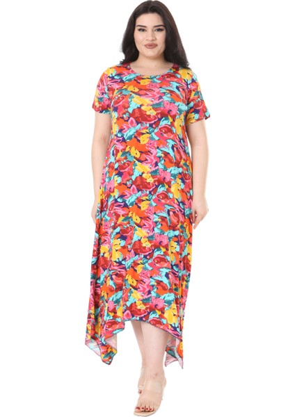 Butik Sarı Gül Desen Asimetrik Kısa Kollu Elbise