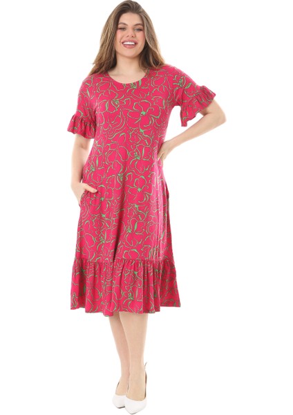 Butik Fırfırlı Kısa Kollu Pembe Çiçek Desenli Cepli Elbise
