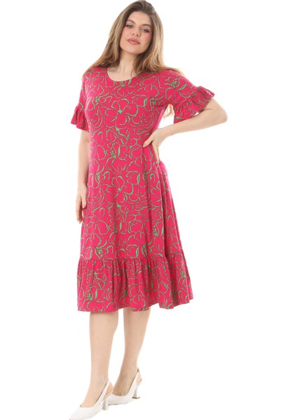 Butik Fırfırlı Kısa Kollu Pembe Çiçek Desenli Cepli Elbise
