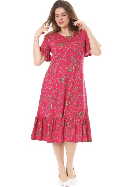 Butik Fırfırlı Kısa Kollu Pembe Çiçek Desenli Cepli Elbise