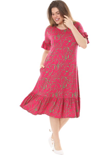 Butik Fırfırlı Kısa Kollu Pembe Çiçek Desenli Cepli Elbise