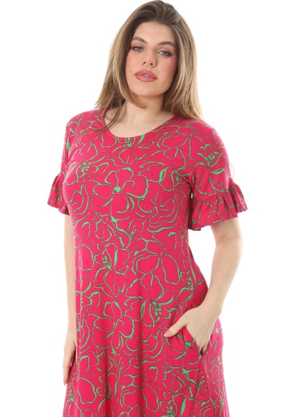Butik Fırfırlı Kısa Kollu Pembe Çiçek Desenli Cepli Elbise