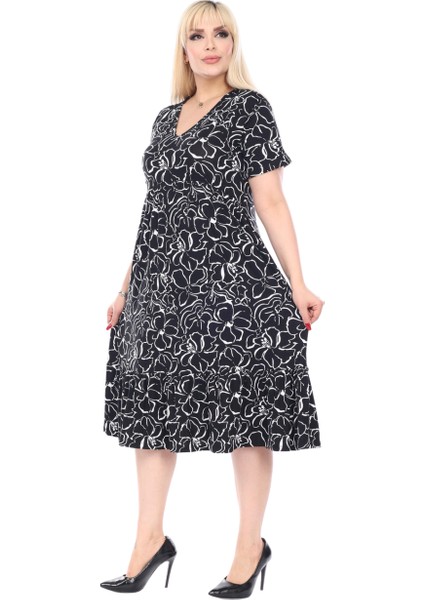 Butik Göğüsten Robalı V Yaka Kısa Kollu Siyah Çiçek Desenli Cepli Elbise modelleri