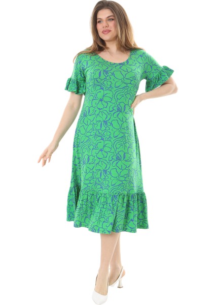 Butik Fırfırlı Kısa Kollu Yeşil Çiçek Desenli Cepli Elbise fiyatları
