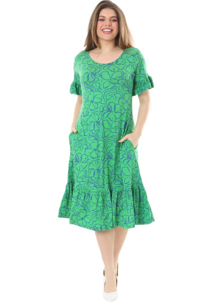 Butik Fırfırlı Kısa Kollu Yeşil Çiçek Desenli Cepli Elbise fırsatları
